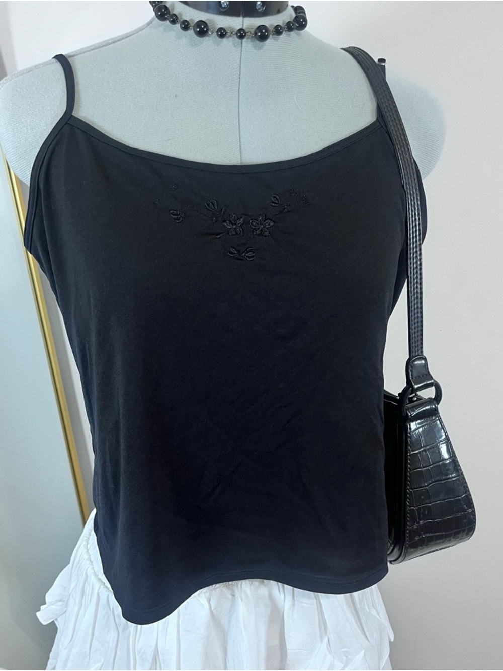 Vintage 90s Secret Treasures Black Floral Embroidered Crop Cami Top